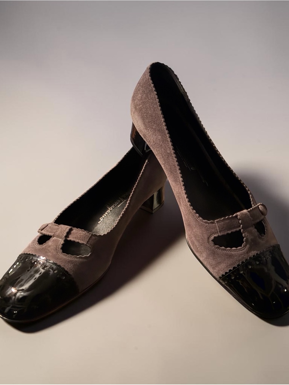 Vintage Salvatore Ferragamo Grey Suede Pumps with Black Patent‎ Cap Toe